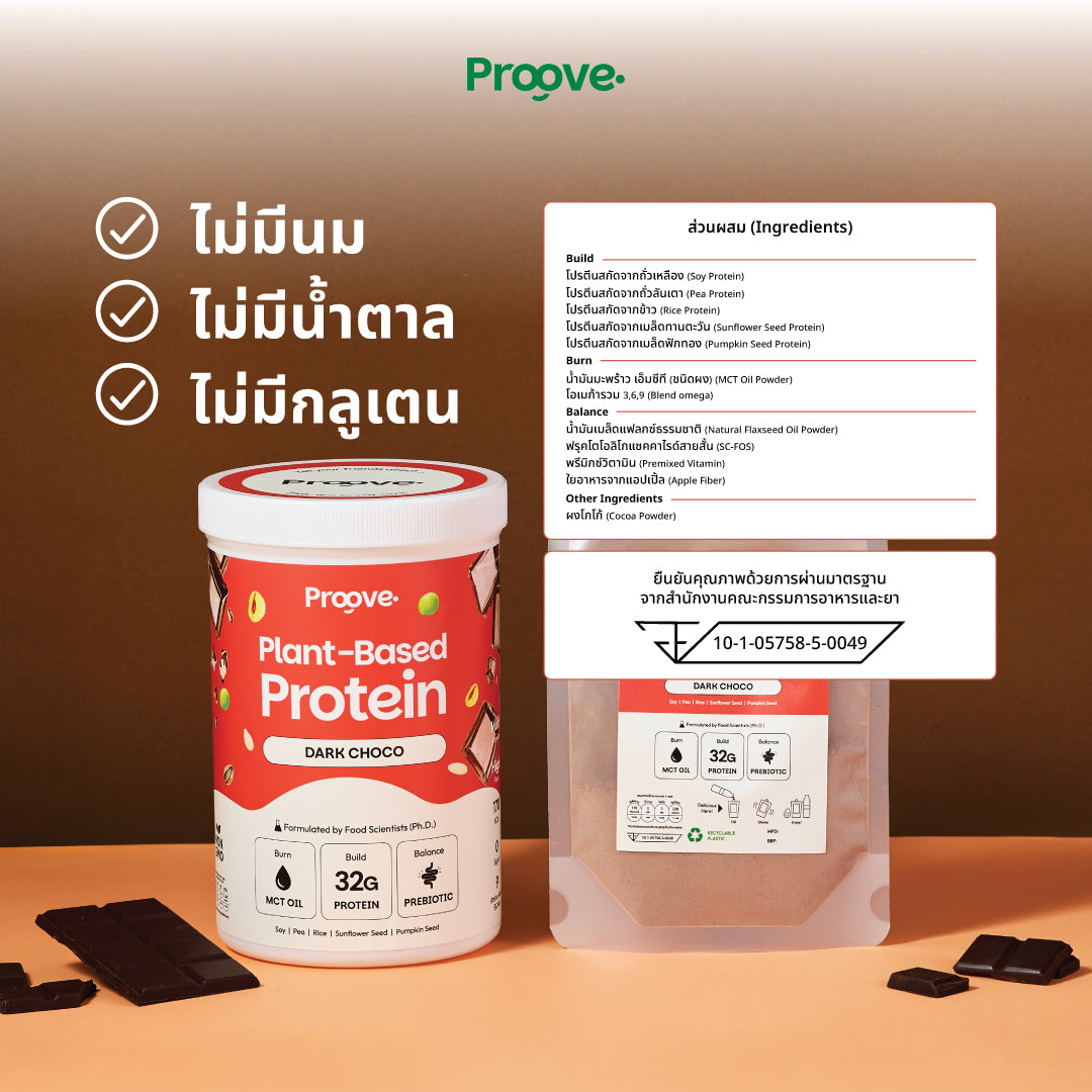 Proove โปรตีนพืช ช่วยเผาผลาญ อร่อย ดื่มง่าย รสดาร์กช็อกโก โปรตีนสูง ไม่มีน้ำตาล แคลต่ำ