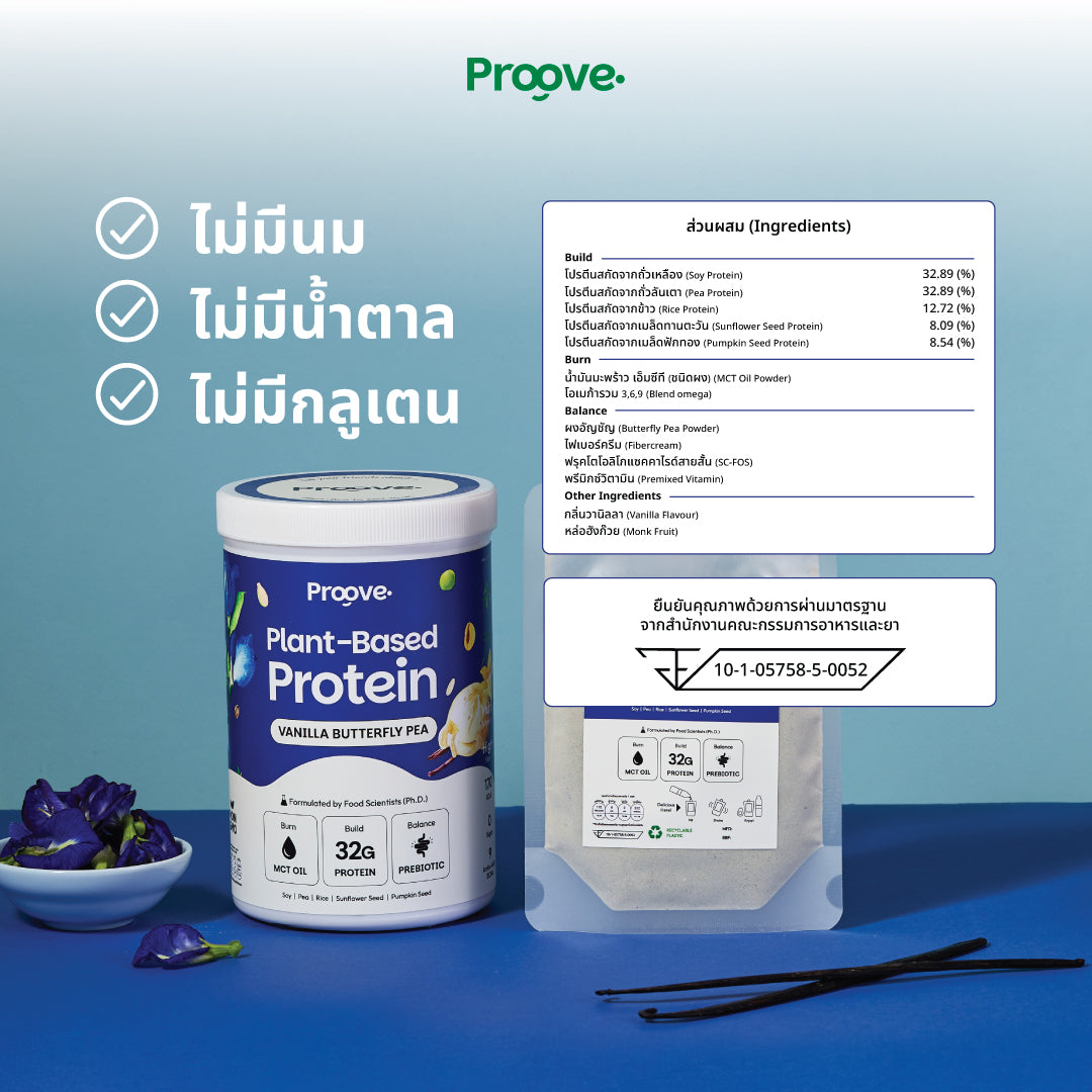 Proove โปรตีนพืช ช่วยเผาผลาญ อร่อย ดื่มง่าย รสวานิลลาอัญชัน โปรตีนสูง ไม่มีน้ำตาล แคลต่ำ ช่วยชะลอวัย