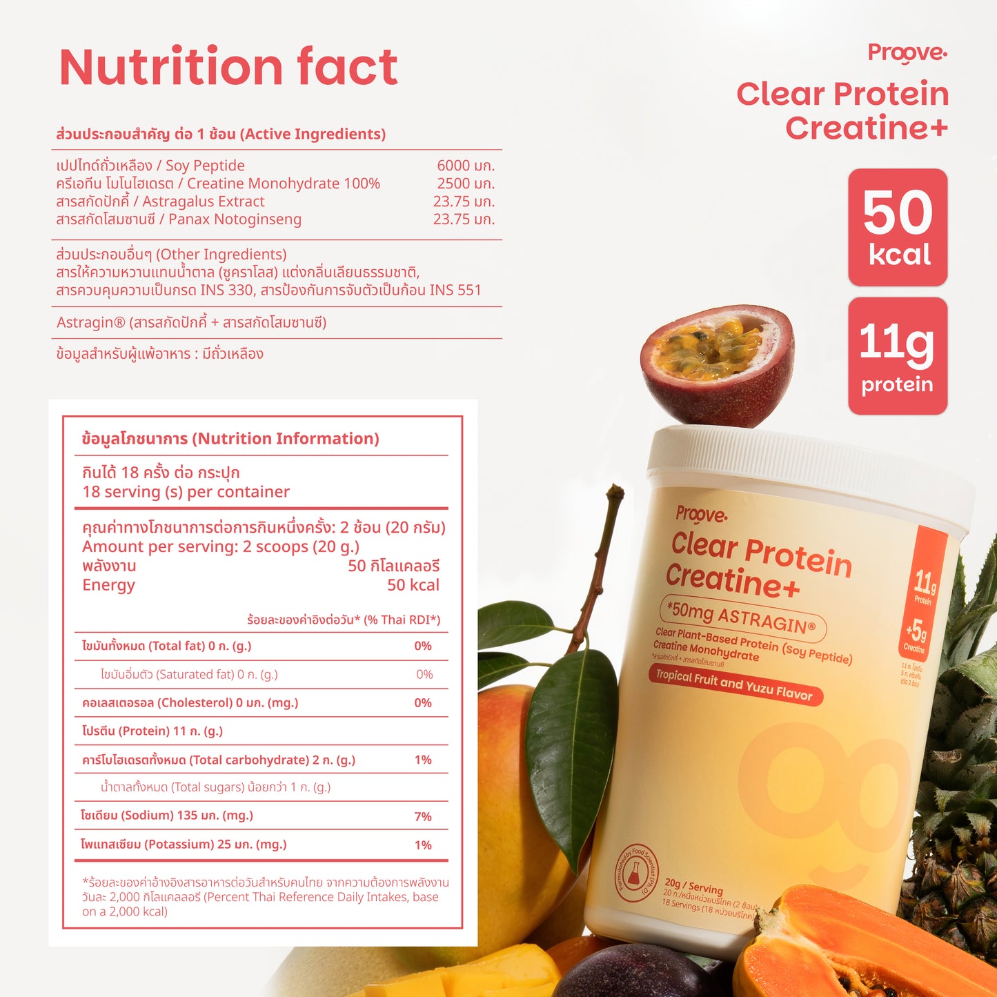 Proove Clear Protein Creatine+ รสทรอปิคอล ยูซุ โปรตีนใส 3 in 1 สร้างกล้าม เพิ่มแรง ดูดซึมไว
