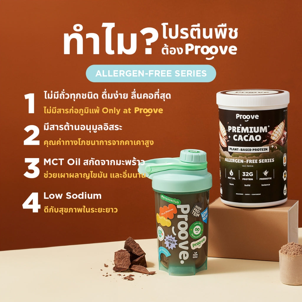 Proove โปรตีนพืช (สูตรไม่มีถั่ว) รสพรีเมียมคาเคา Premium Cacao ไม่มีน้ำตาล โซเดียมต่ำ