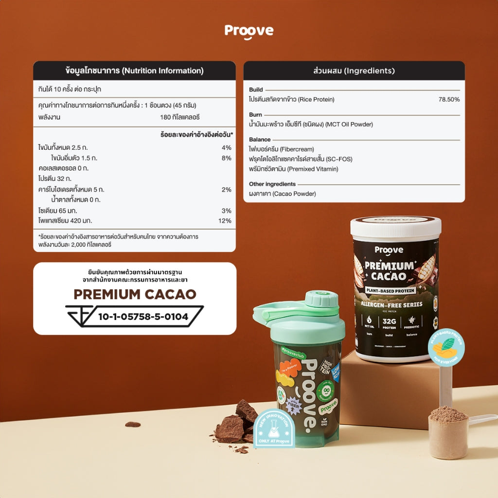 Proove โปรตีนพืช (สูตรไม่มีถั่ว) รสพรีเมียมคาเคา Premium Cacao ไม่มีน้ำตาล โซเดียมต่ำ
