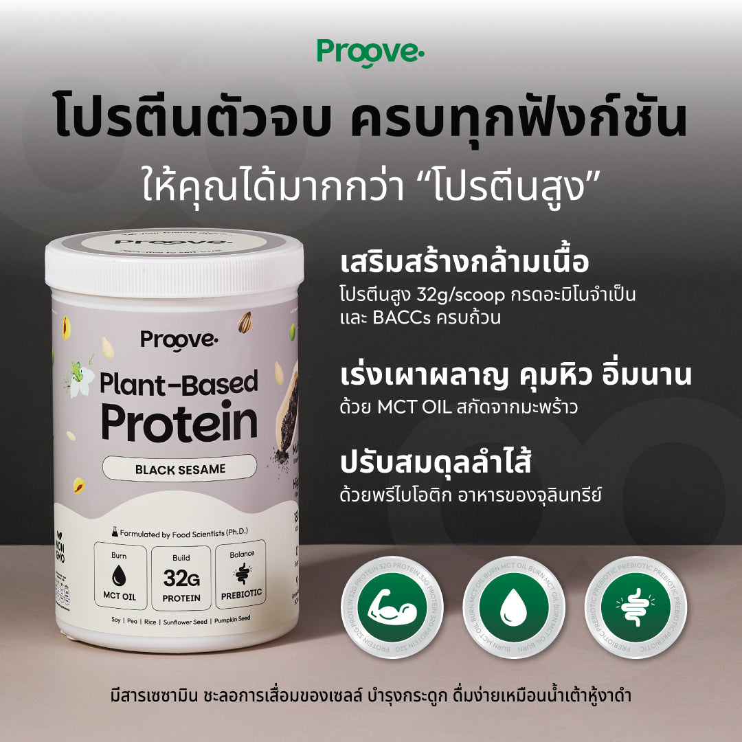 Proove โปรตีนพืช ช่วยเผาผลาญ อร่อย ดื่มง่าย รสงาดำ โปรตีนสูง ไม่มีน้ำตาล แคลต่ำ
