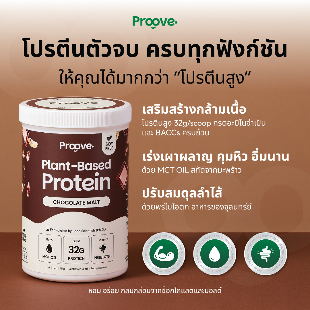 [กด2กระปุกเพื่อรับของแถม] Proove โปรตีนพืช ช่วยเผาผลาญ อร่อย ดื่มง่าย รสช็อกโกแลต มอลต์ โปรตีนสูง ไม่มีน้ำตาล แคลต่ำ