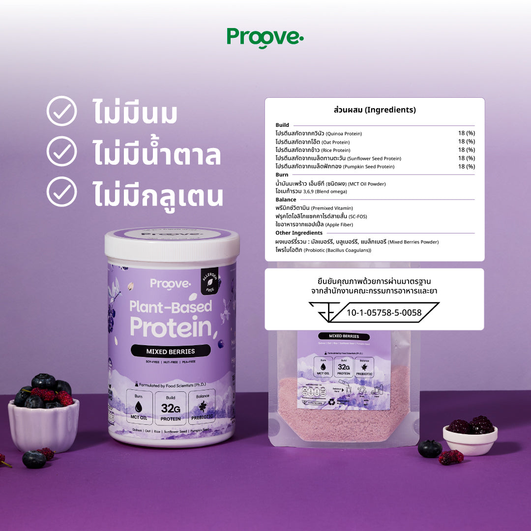 Proove โปรตีนพืช (สูตรไม่มีถั่ว) Mixed Berries  ไม่มีน้ำตาล โซเดียมต่ำ