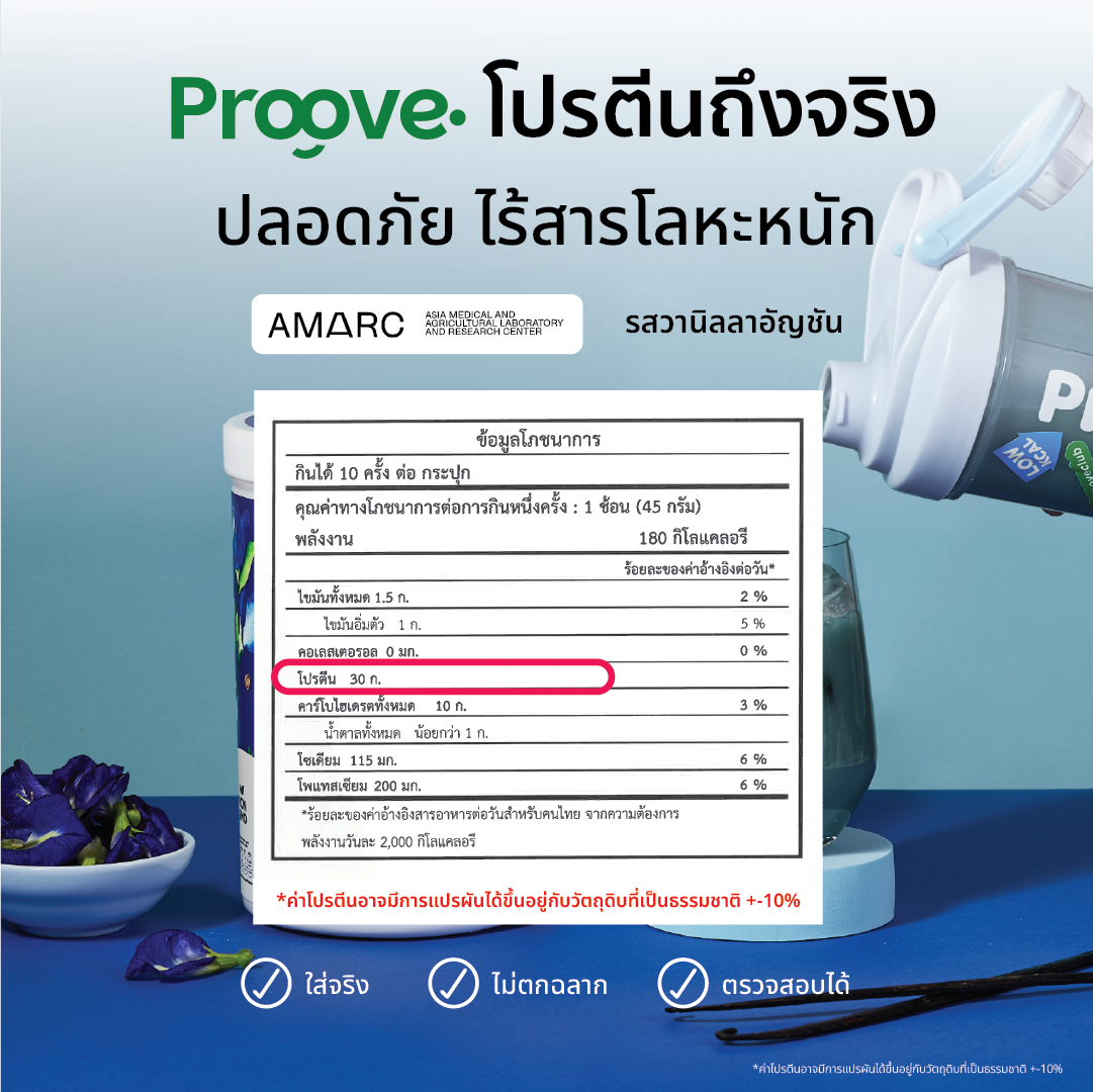 Proove โปรตีนพืช ช่วยเผาผลาญ อร่อย ดื่มง่าย รสวานิลลาอัญชัน โปรตีนสูง ไม่มีน้ำตาล แคลต่ำ ช่วยชะลอวัย