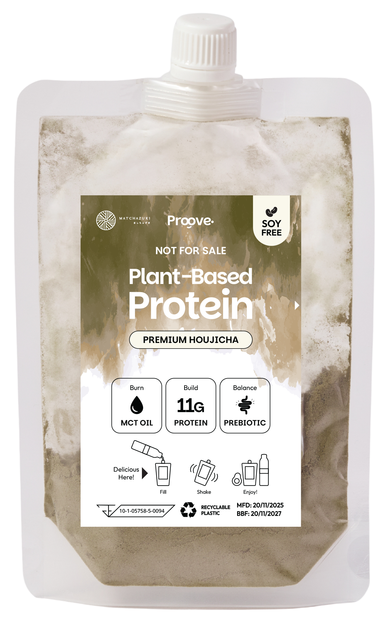 Tester Proove โปรตีนพืช แบบพกพา รสโฮจิฉะ ชาเขียวคั่ว มีกลิ่นหอมหวานเฉพาะตัว สีน้ำตาลอ่อน ชวนสัมผัสความพรีเมียม