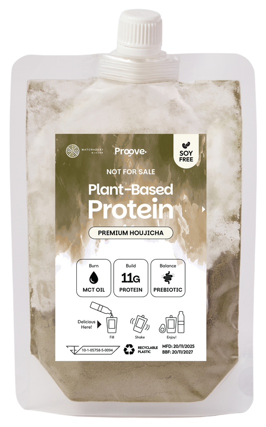 Tester Proove โปรตีนพืช แบบพกพา รสโฮจิฉะ ชาเขียวคั่ว มีกลิ่นหอมหวานเฉพาะตัว สีน้ำตาลอ่อน ชวนสัมผัสความพรีเมียม